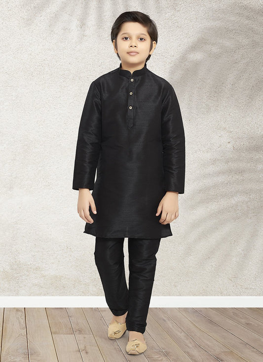 Kurta Pyjama Art Banarasi Silk Black Plain Kids