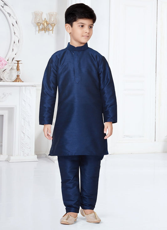 Kurta Pyjama Dupion Silk Blue Plain Kids