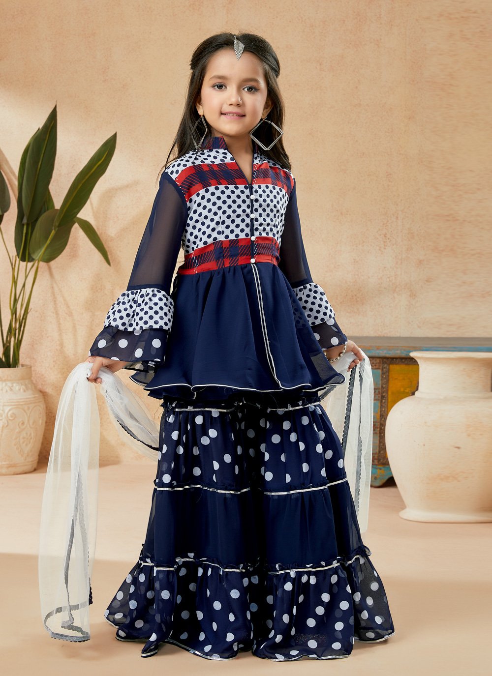 Sharara Set Faux Georgette Blue Polka Dotted Kids