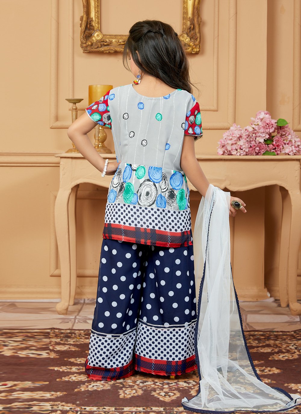 Sharara Set Faux Georgette Blue Grey Polka Dotted Kids