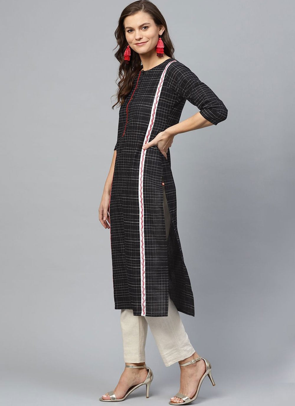 Designer Kurti Poly Cotton Black Checks Kurtis