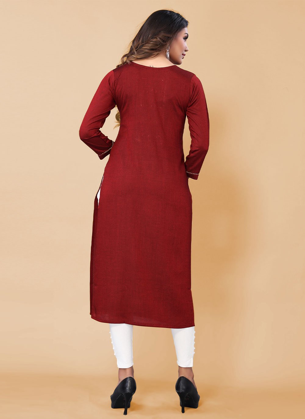 Casual Kurti Poly Cotton Maroon Embroidered Kurtis