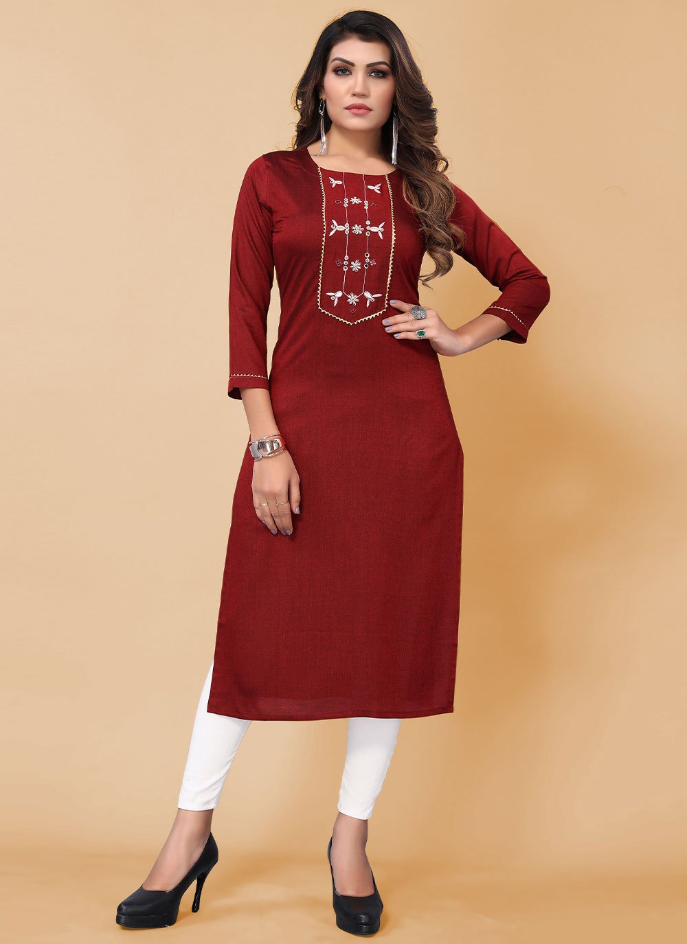 Casual Kurti Poly Cotton Maroon Embroidered Kurtis