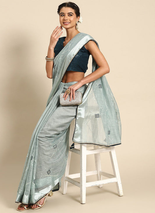 Classic Poly Cotton Blue Embroidered Saree
