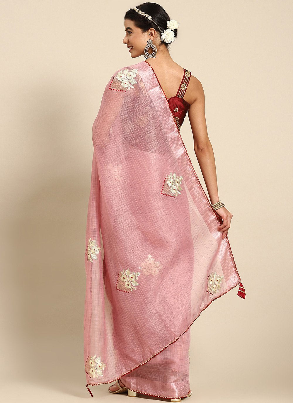 Contemporary Poly Cotton Pink Embroidered Saree