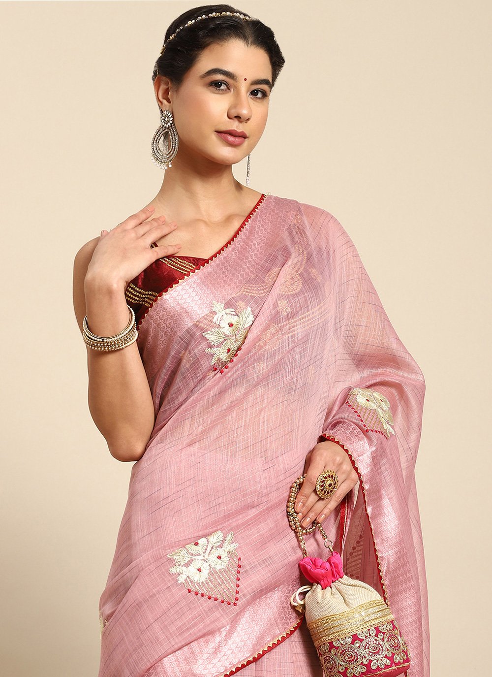 Contemporary Poly Cotton Pink Embroidered Saree