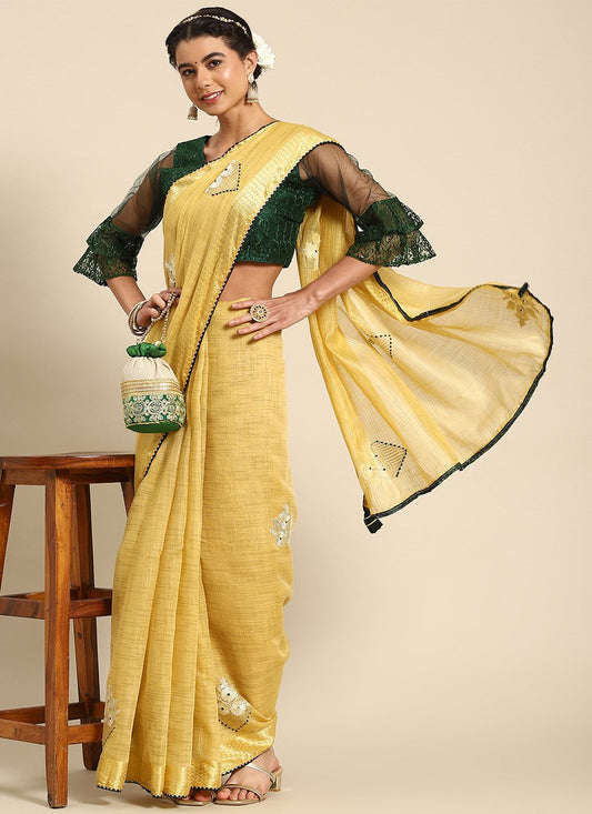 Contemporary Poly Cotton Yellow Embroidered Saree