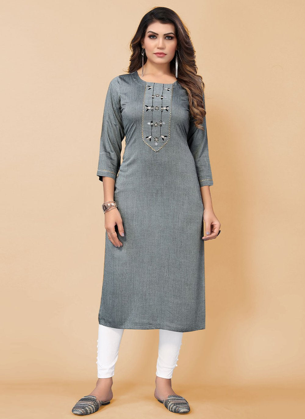 Party Wear Kurti Poly Cotton Grey Embroidered Kurtis