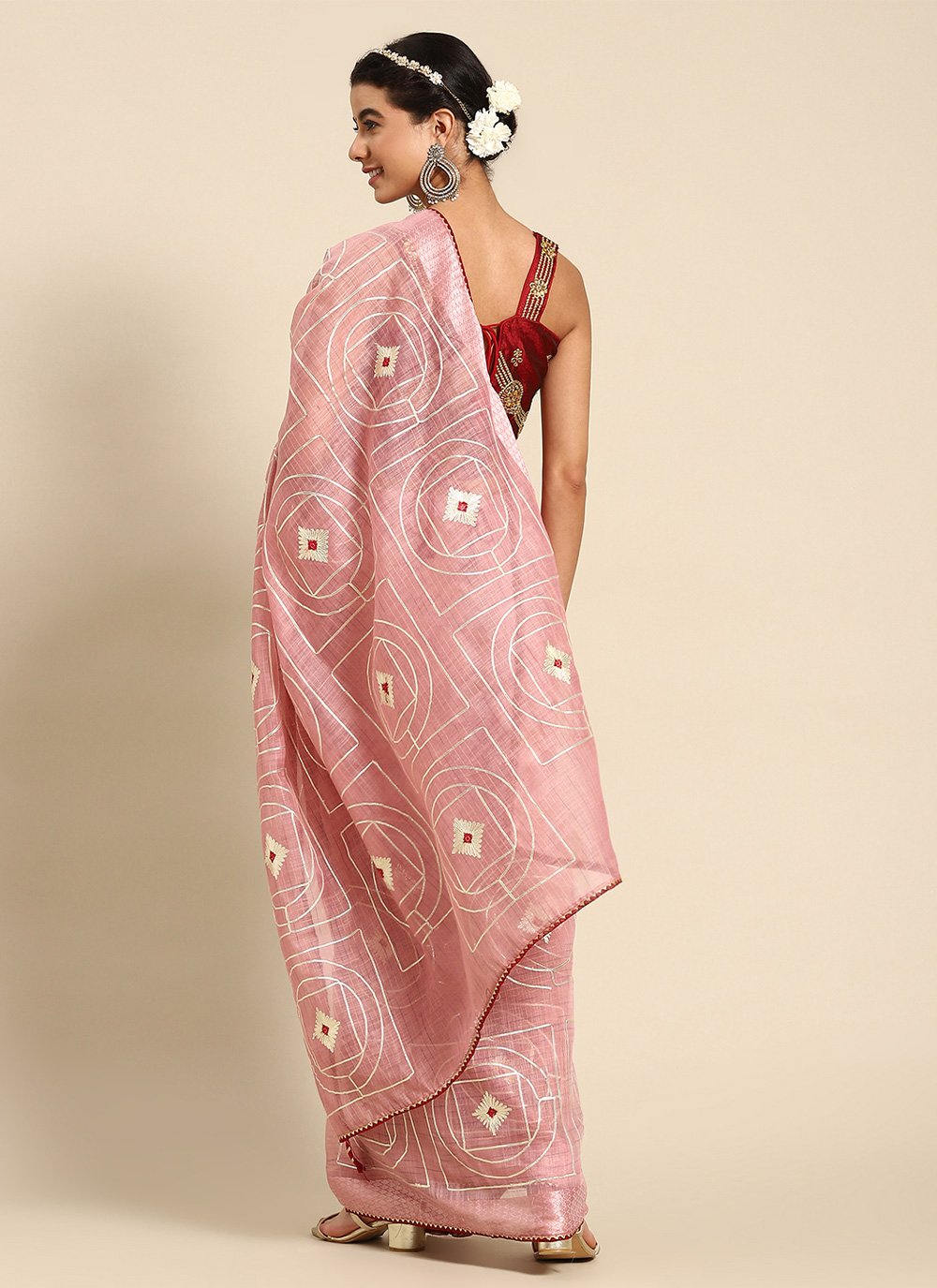 Traditional Saree Poly Cotton Pink Embroidered Saree