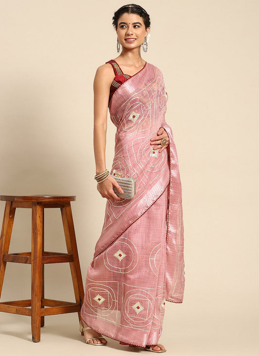 Traditional Saree Poly Cotton Pink Embroidered Saree