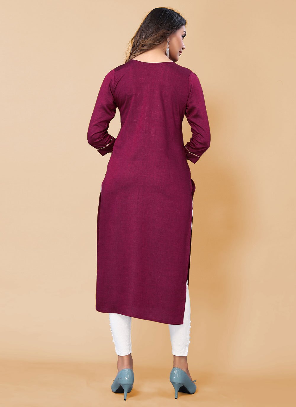 Designer Kurti Poly Cotton Rani Embroidered Kurtis