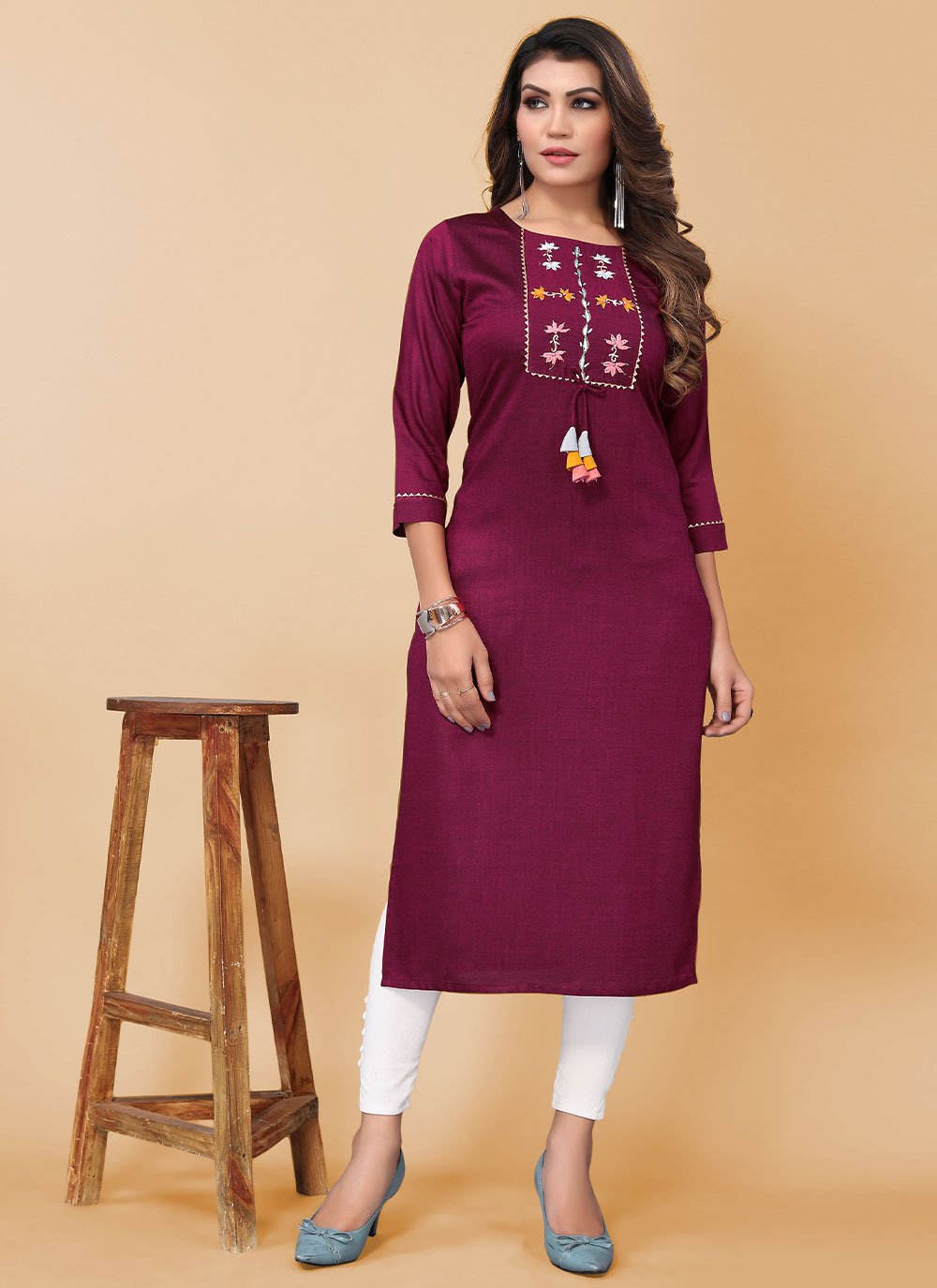 Designer Kurti Poly Cotton Rani Embroidered Kurtis