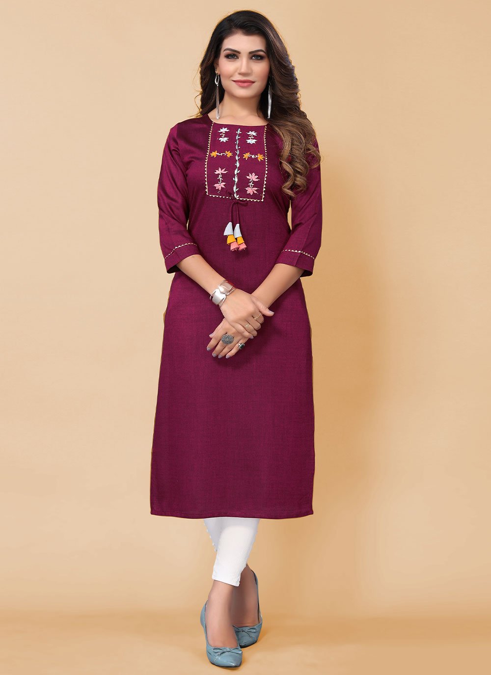 Designer Kurti Poly Cotton Rani Embroidered Kurtis