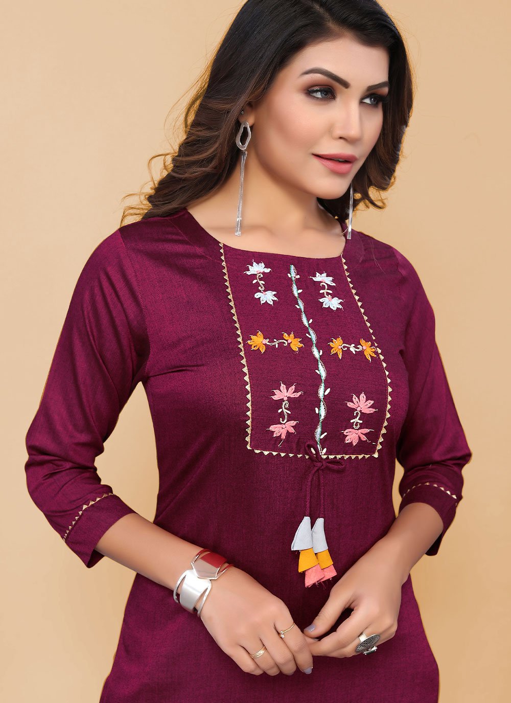 Designer Kurti Poly Cotton Rani Embroidered Kurtis