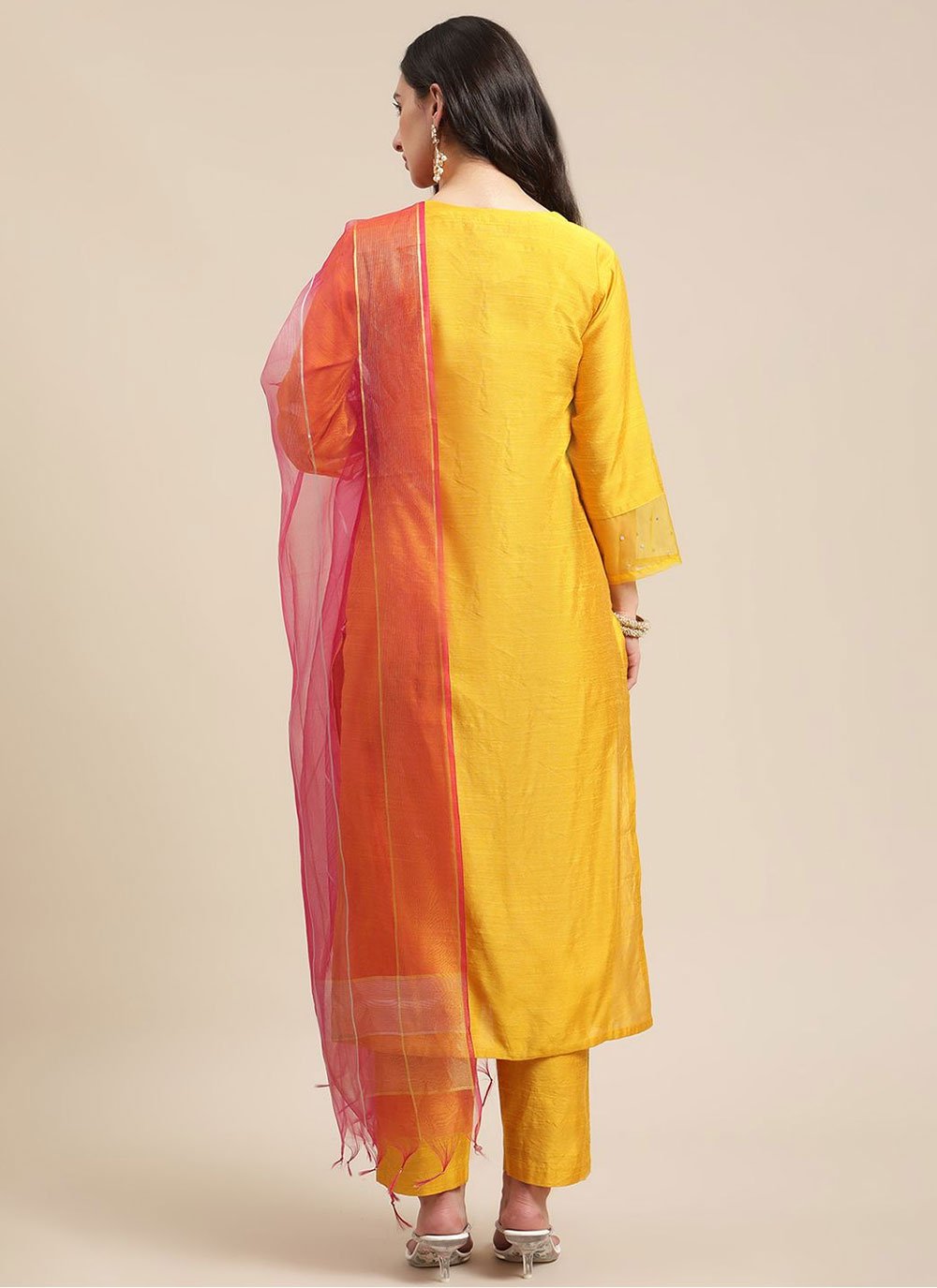 Straight Salwar Suit Poly Cotton Mustard Embroidered Salwar Kameez