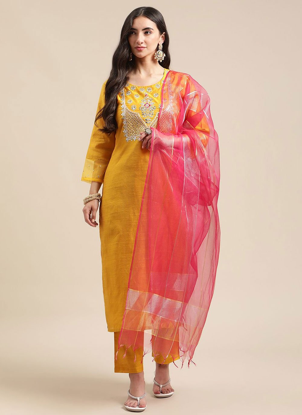 Straight Salwar Suit Poly Cotton Mustard Embroidered Salwar Kameez