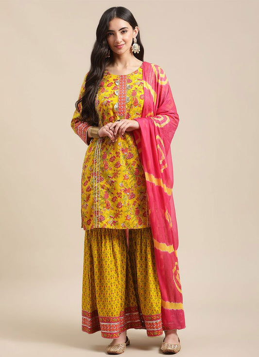 Salwar Suit Poly Cotton Yellow Print Salwar Kameez