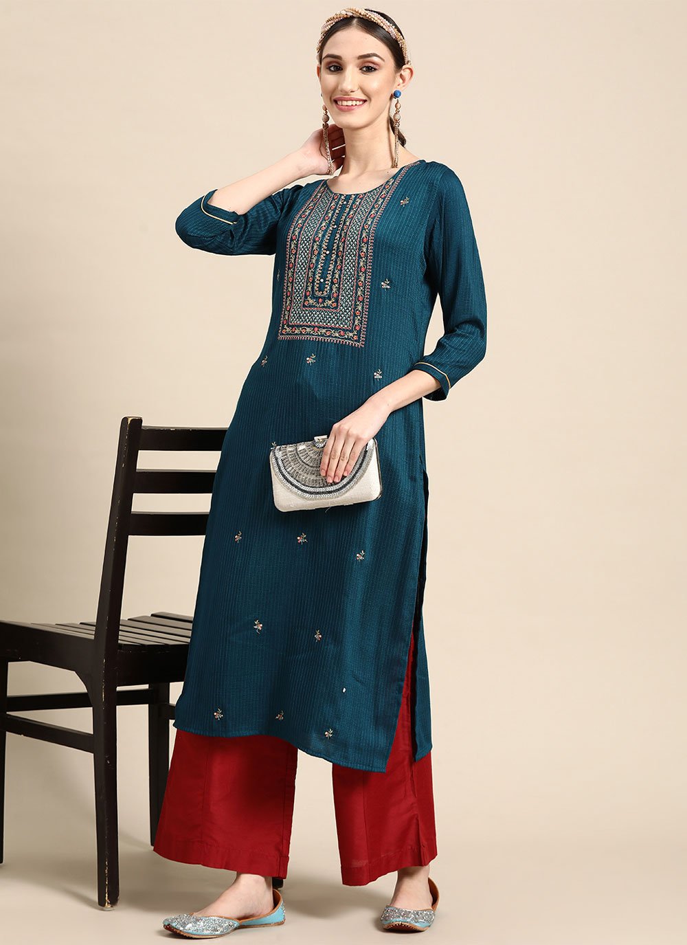 Designer Kurti Poly Rayon Blue Embroidered Kurtis