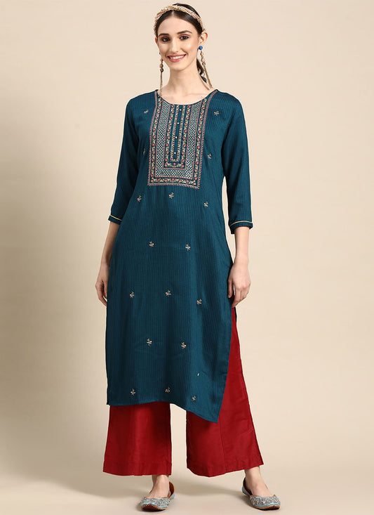 Designer Kurti Poly Rayon Blue Embroidered Kurtis