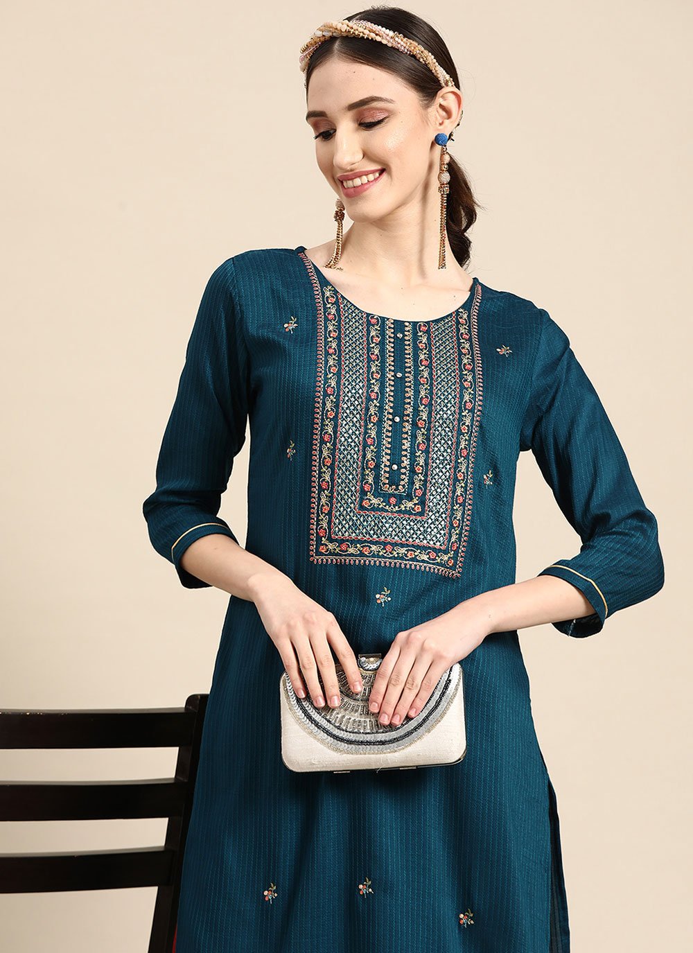 Designer Kurti Poly Rayon Blue Embroidered Kurtis