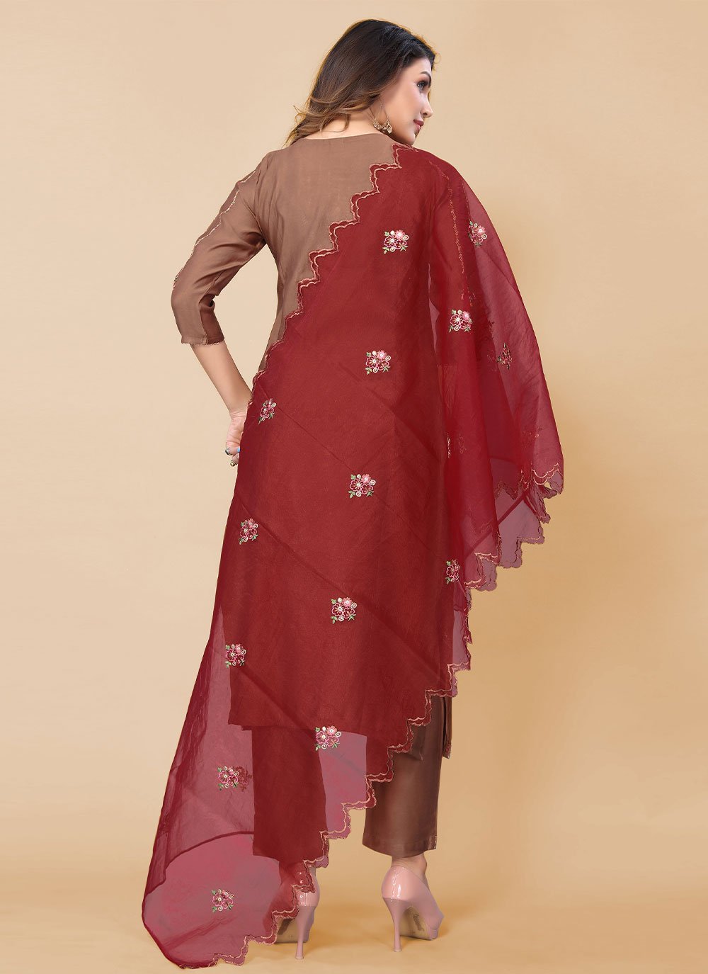 Salwar Suit Poly Rayon Brown Embroidered Salwar Kameez