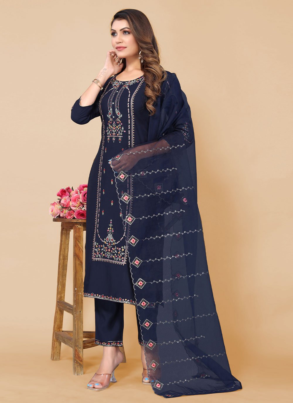 Salwar Suit Poly Rayon Blue Embroidered Salwar Kameez