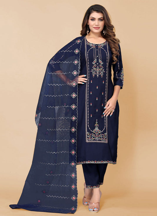 Salwar Suit Poly Rayon Blue Embroidered Salwar Kameez