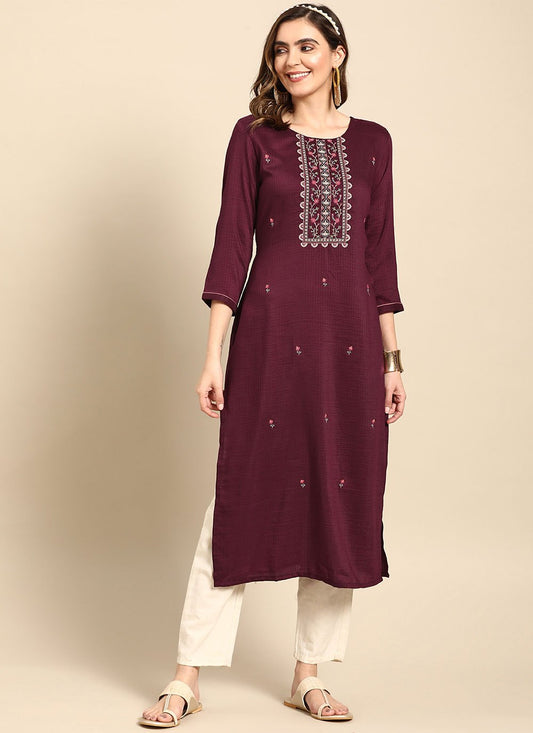 Party Wear Kurti Poly Rayon Purple Embroidered Kurtis