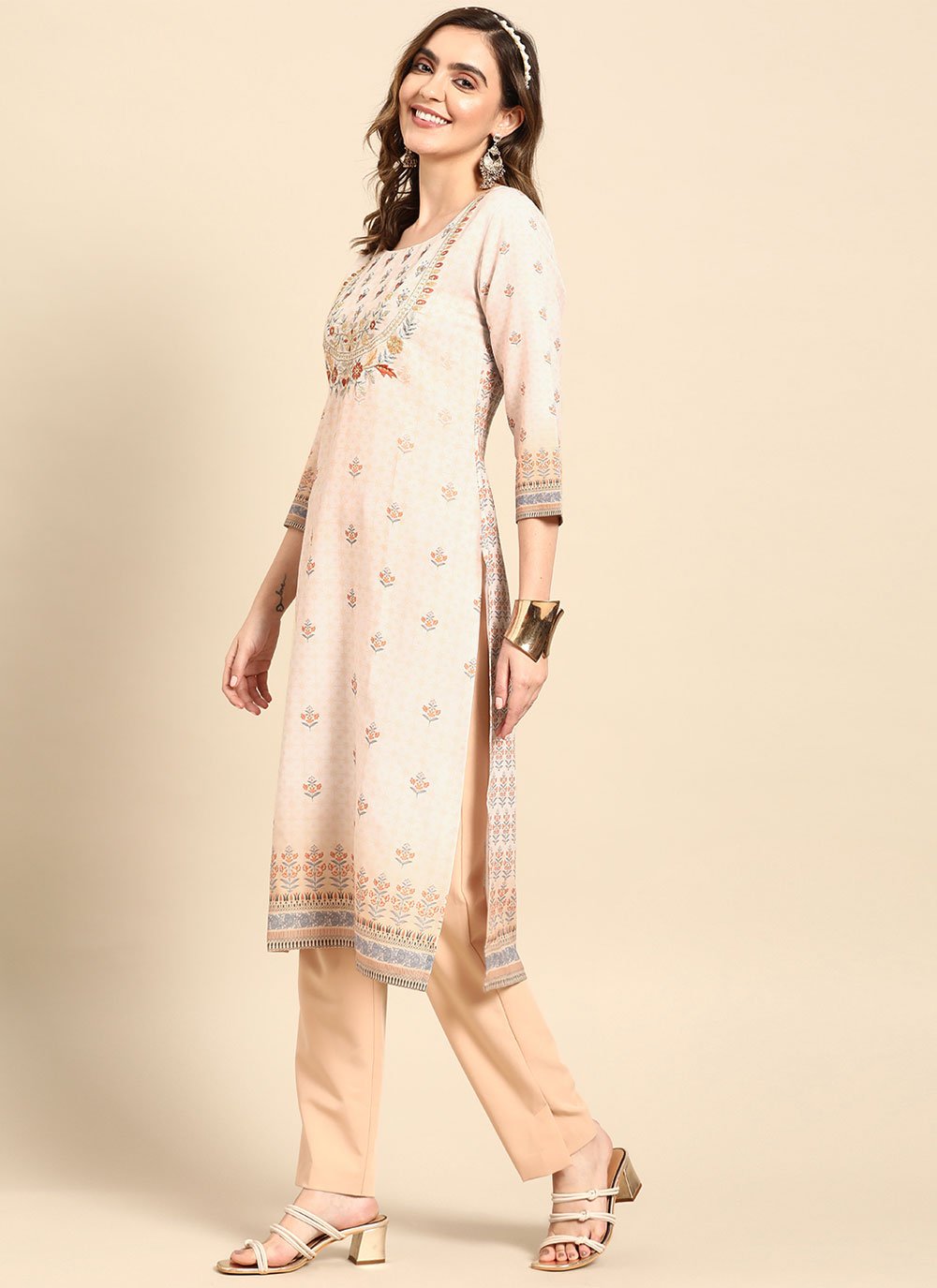 Party Wear Kurti Poly Rayon Cream Print Kurtis