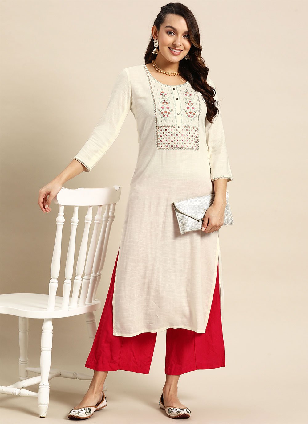 Casual Kurti Poly Rayon White Embroidered Kurtis