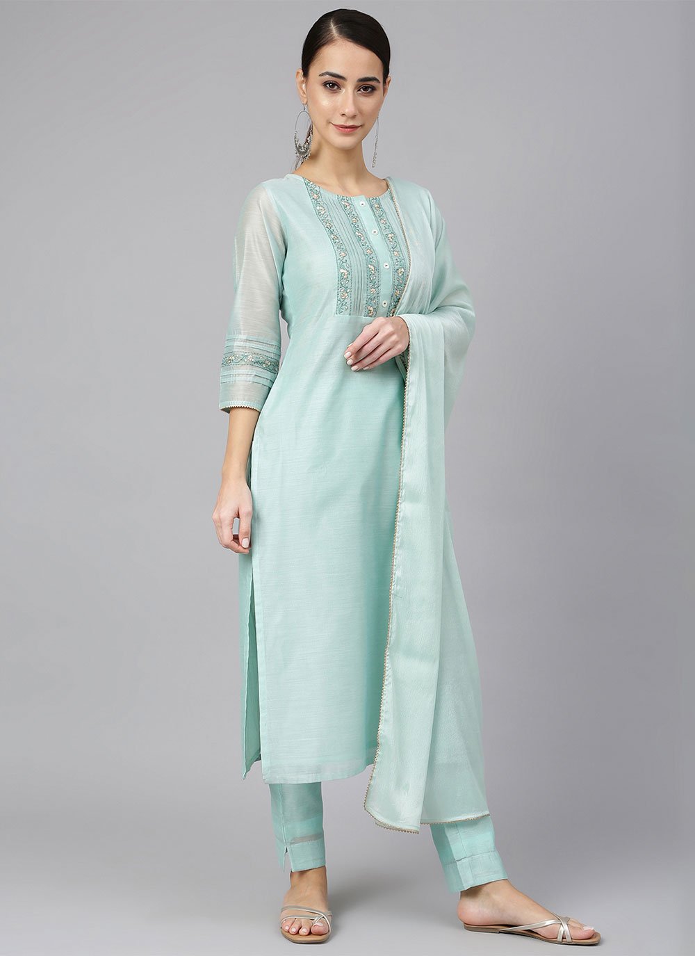 Salwar Suit Poly Silk Aqua Blue Embroidered Salwar Kameez