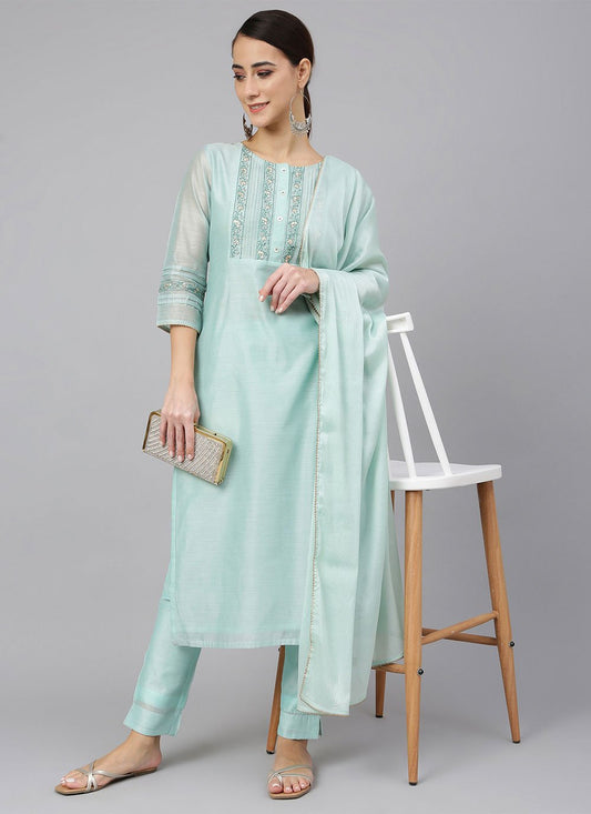 Salwar Suit Poly Silk Aqua Blue Embroidered Salwar Kameez
