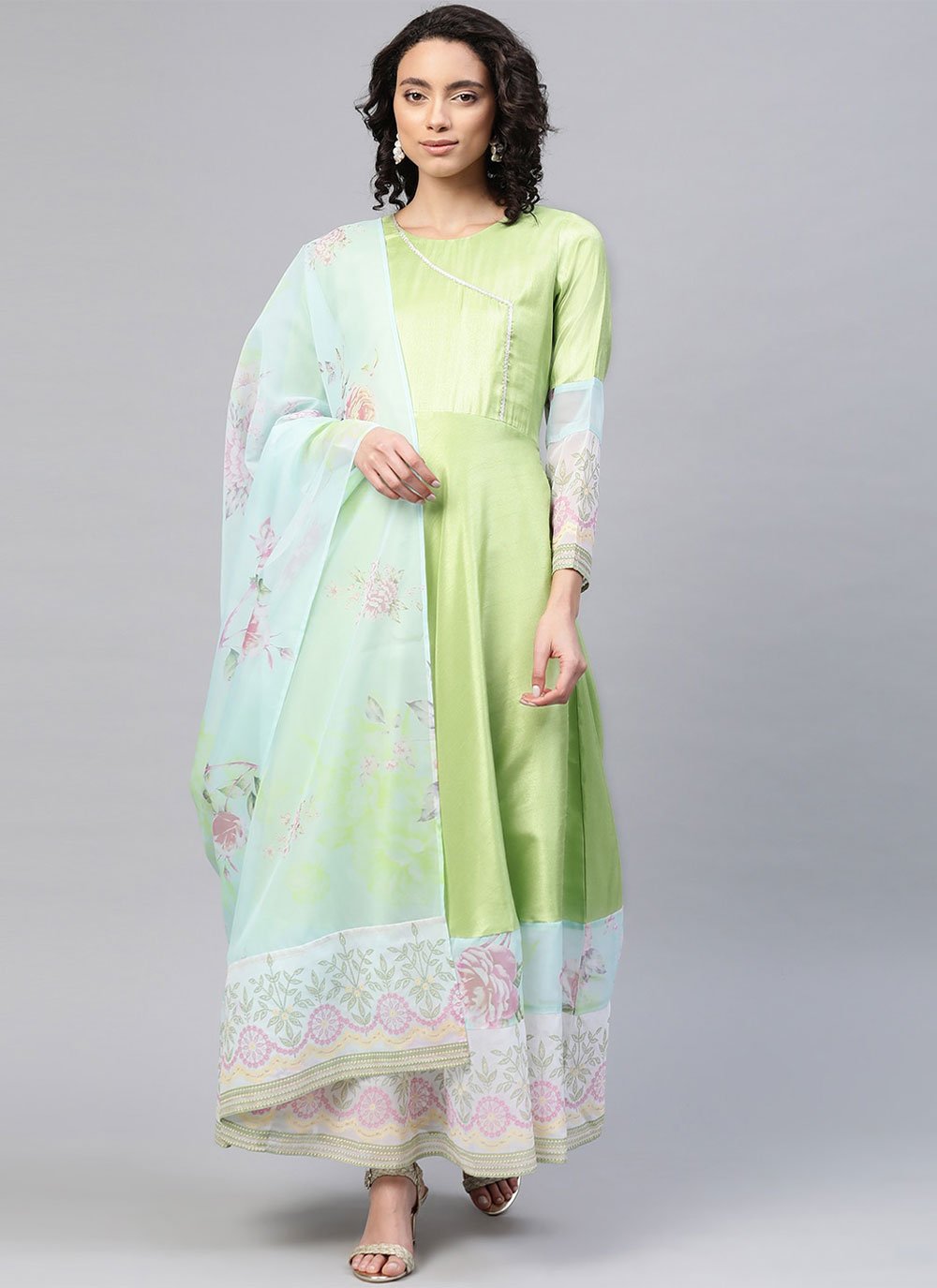 Party Wear Kurti Poly Silk Sea Green Digital Print Kurtis