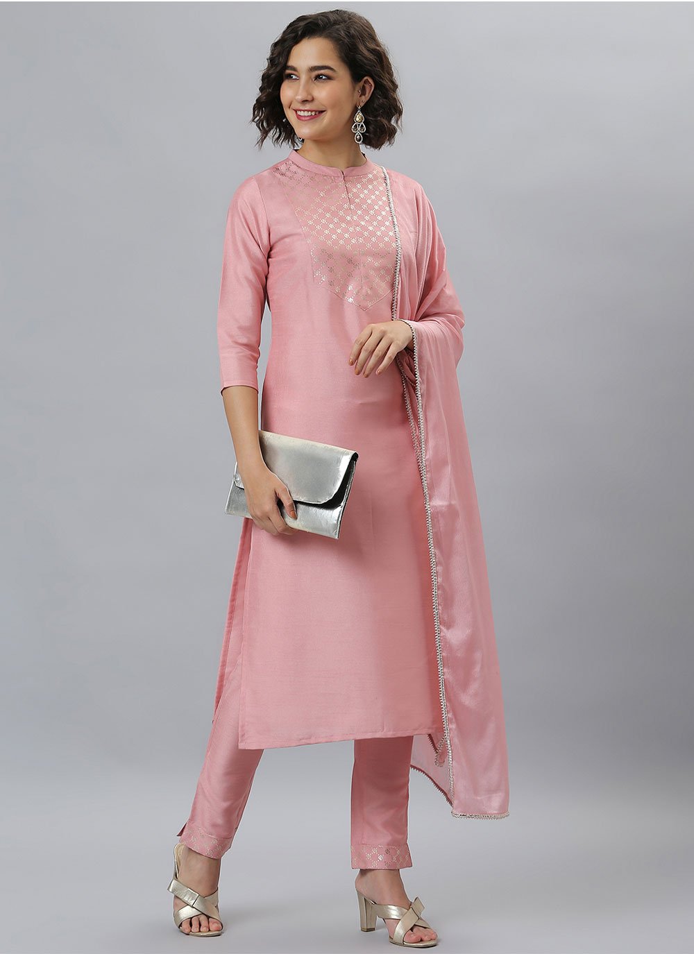 Salwar Suit Poly Silk Pink Plain Salwar Kameez