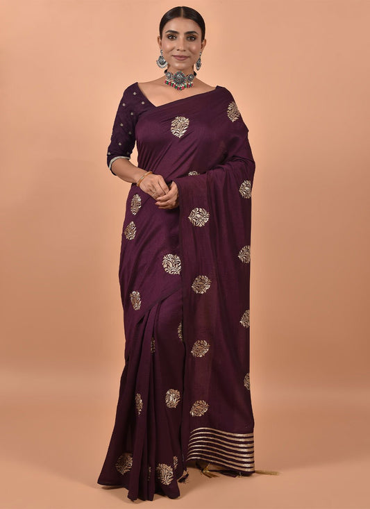 Casual Poly Silk Purple Embroidered Saree