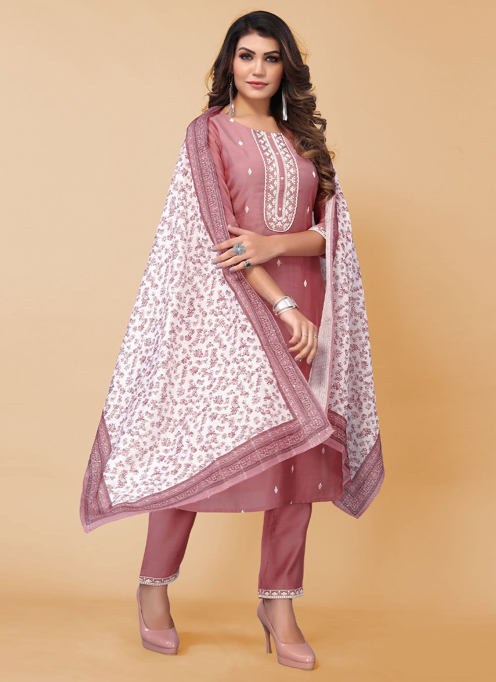 Pant Style Suit Poly Silk Pink Embroidered Salwar Kameez