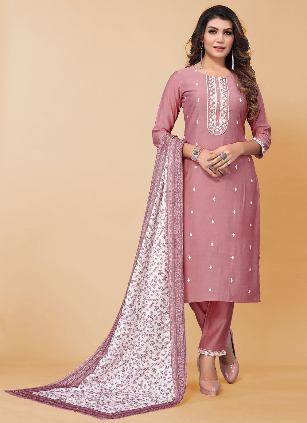 Pant Style Suit Poly Silk Pink Embroidered Salwar Kameez