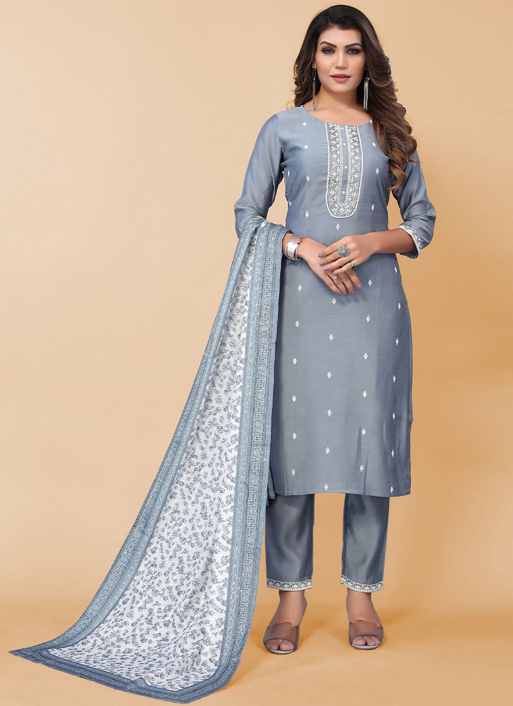 Salwar Suit Poly Silk Blue Embroidered Salwar Kameez