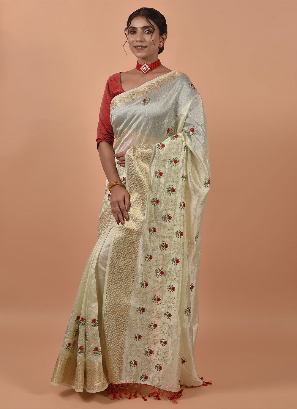 Classic Poly Silk Cream Embroidered Saree