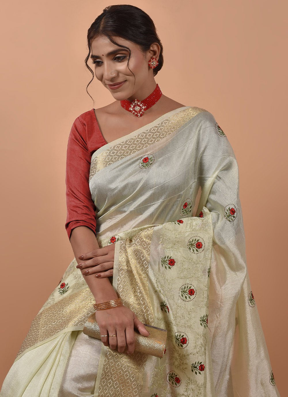 Classic Poly Silk Cream Embroidered Saree