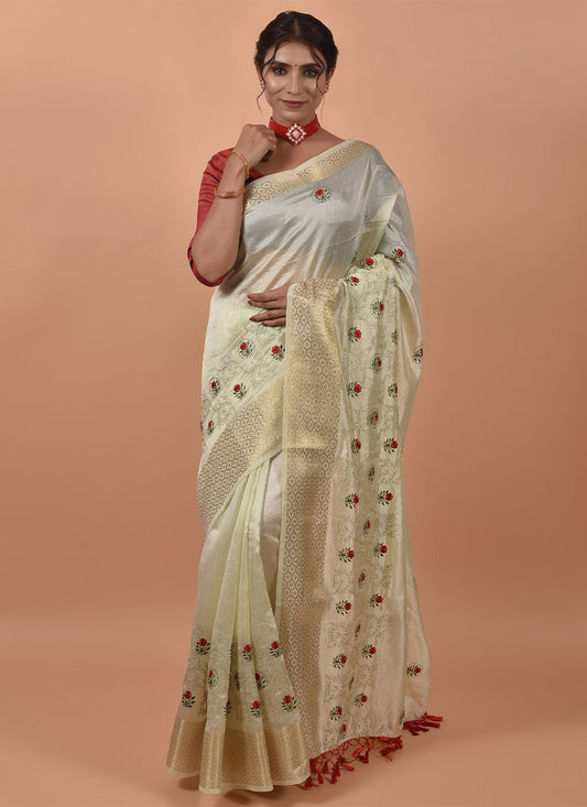 Classic Poly Silk Cream Embroidered Saree