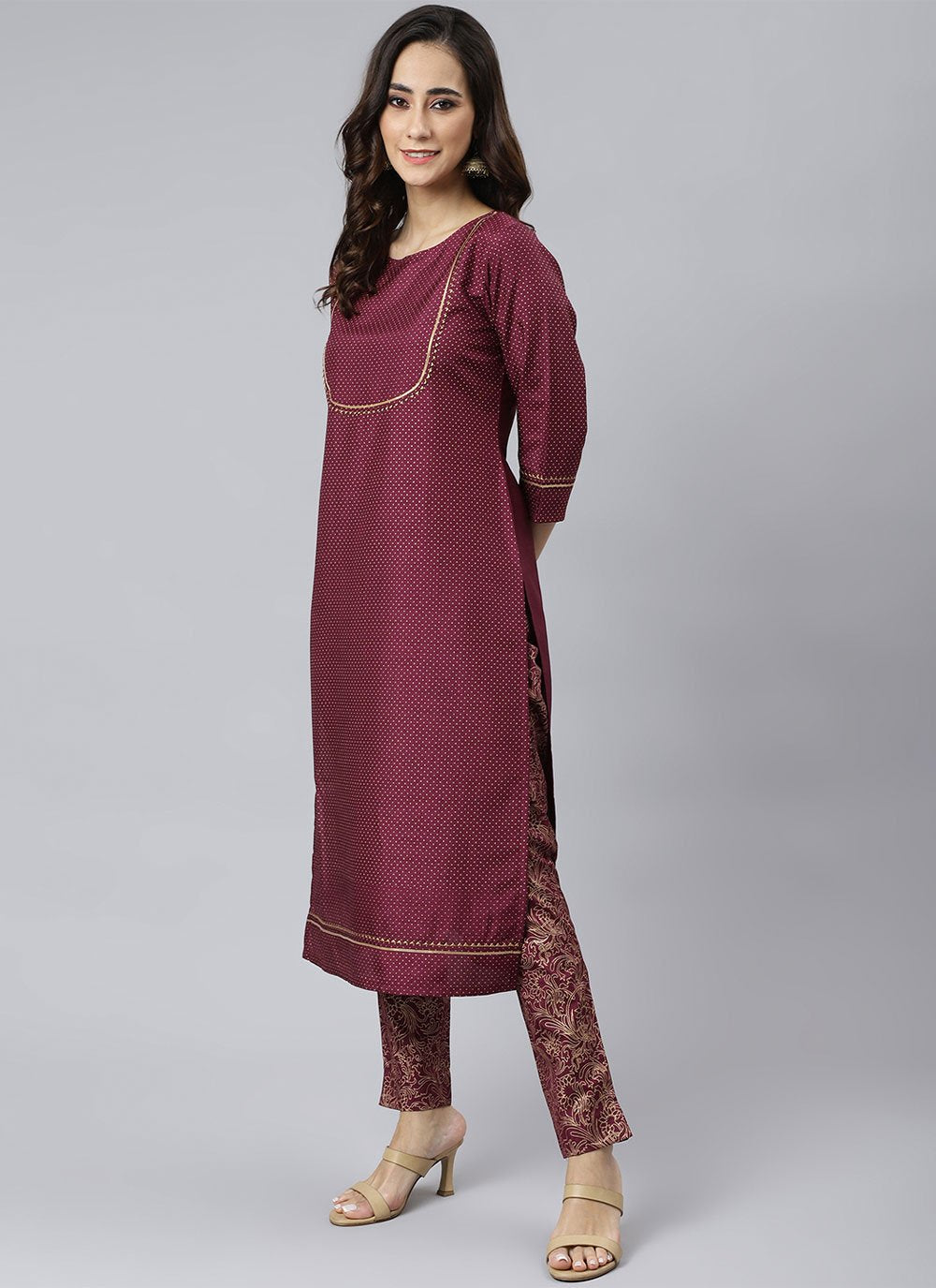 Salwar Suit Poly Silk Burgundy Foil Print Salwar Kameez