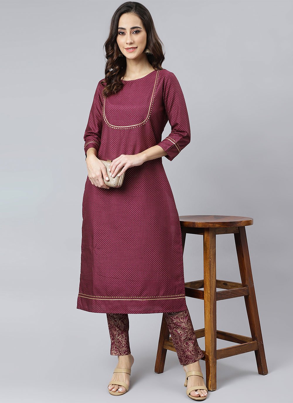 Salwar Suit Poly Silk Burgundy Foil Print Salwar Kameez