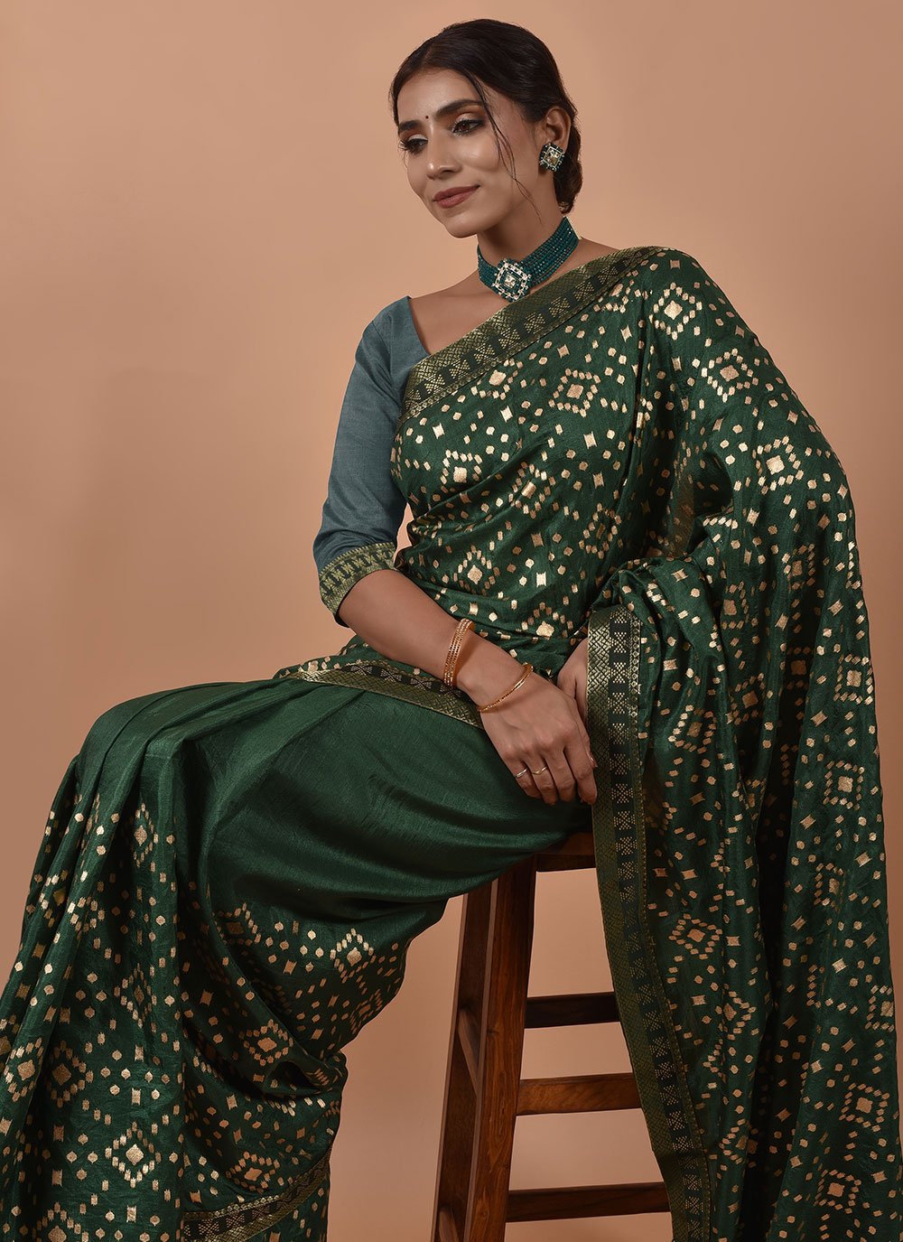 Contemporary Poly Silk Green Foil Print Saree