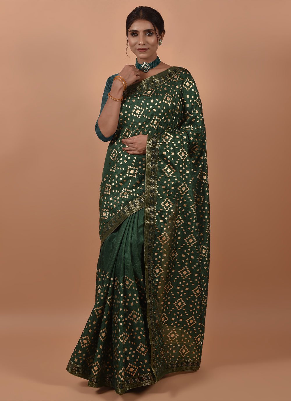 Contemporary Poly Silk Green Foil Print Saree