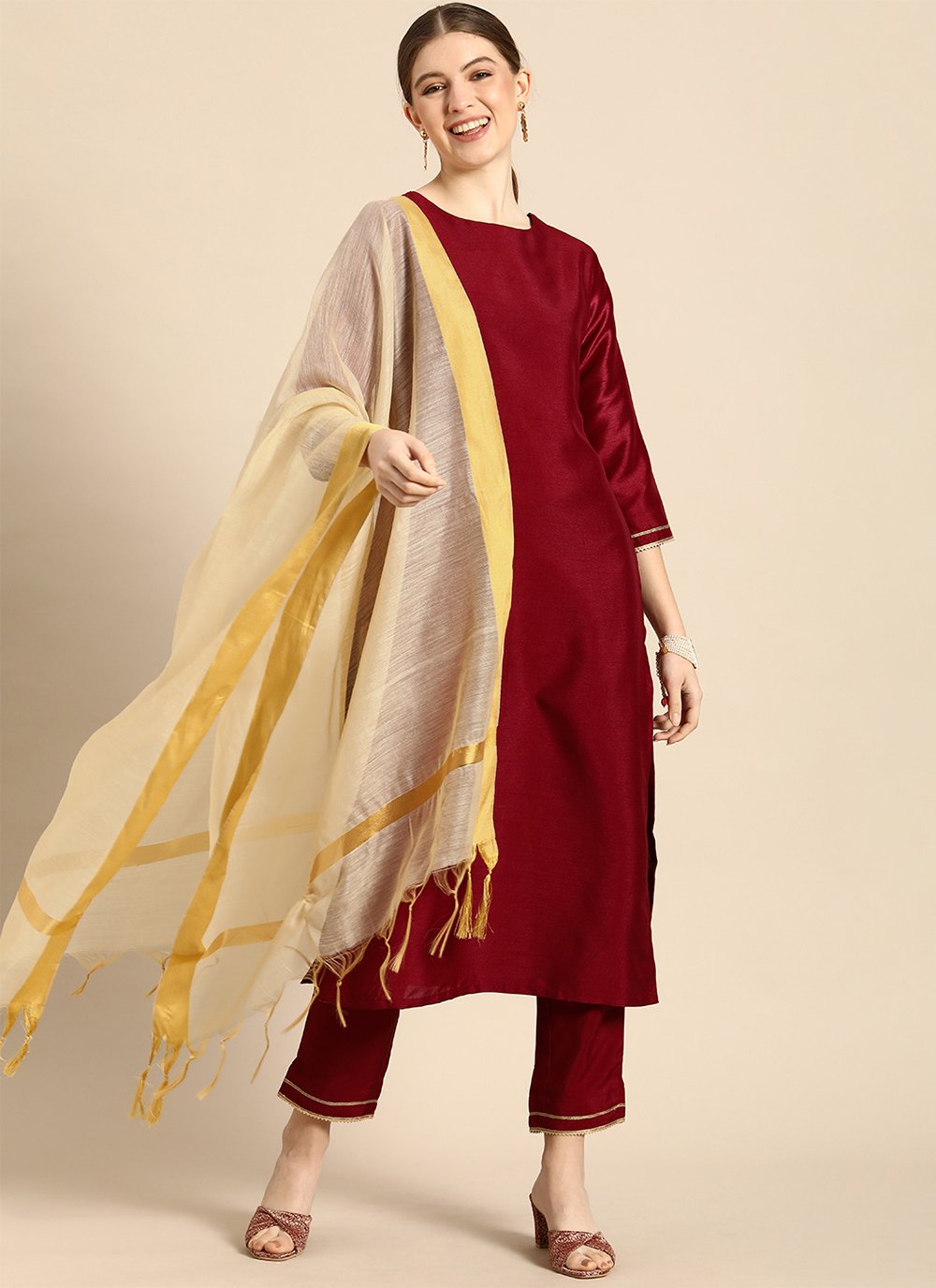 Pant Style Suit Poly Silk Maroon Plain Salwar Kameez