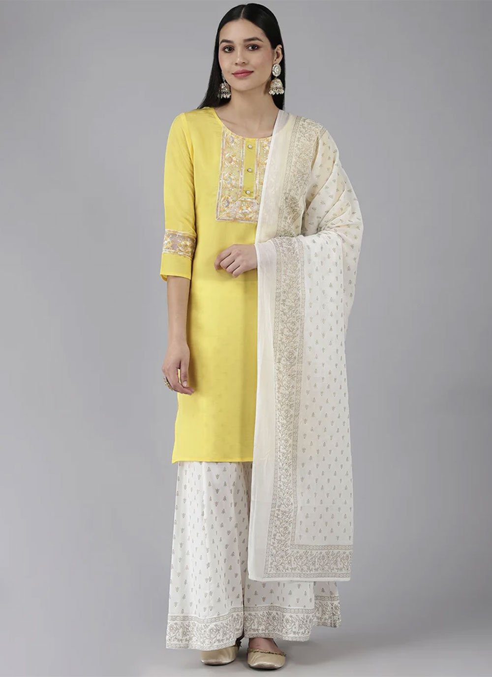 Palazzo Salwar Suit Poly Silk Yellow Embroidered Salwar Kameez