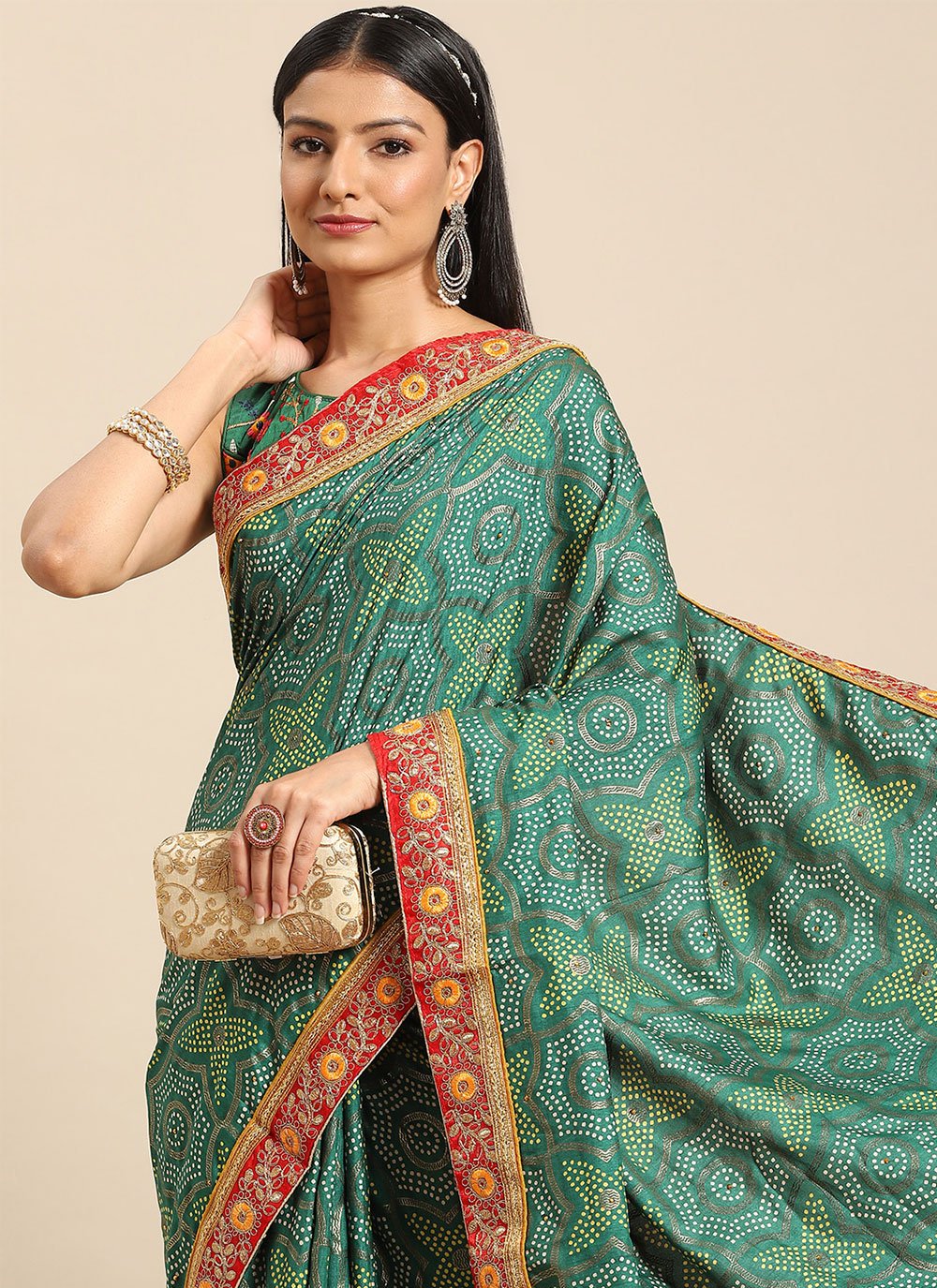 Trendy Saree Poly Silk Green Print Saree