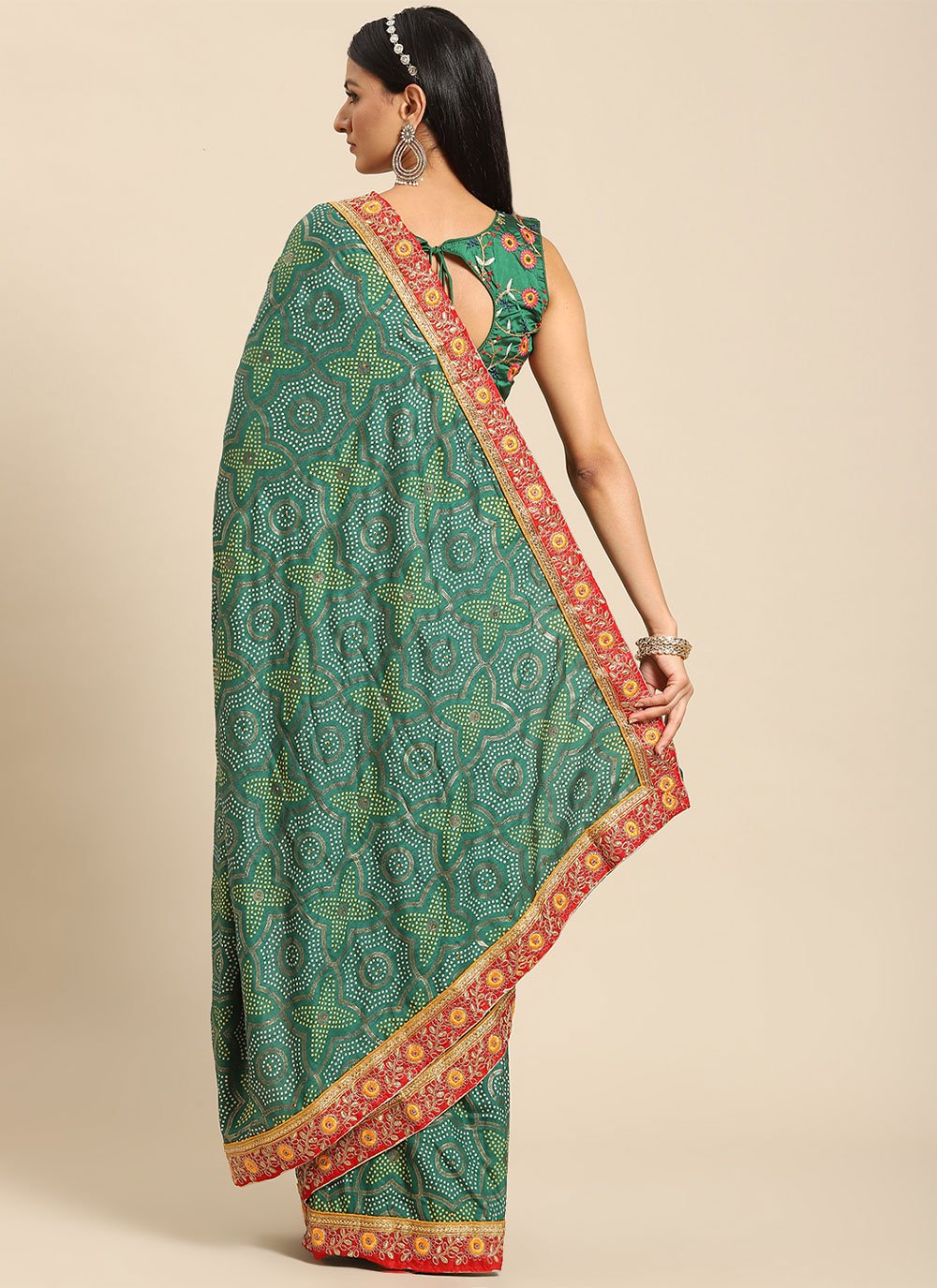 Trendy Saree Poly Silk Green Print Saree