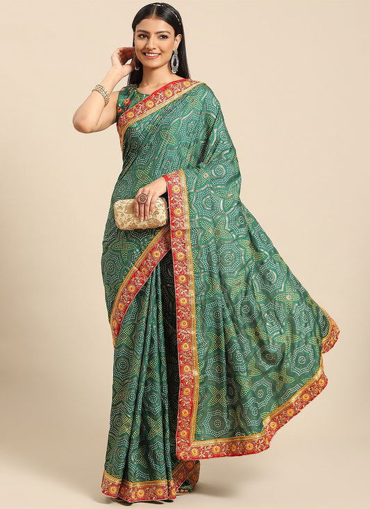 Trendy Saree Poly Silk Green Print Saree